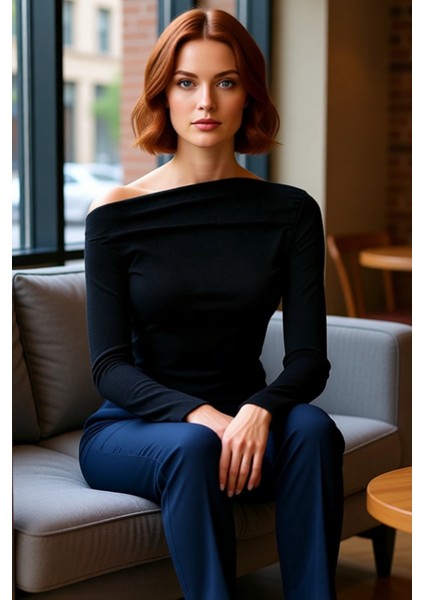 Kadın Moda Şık Üst Giyim Uzun Kayık Yaka Slim Kalıp Örme Drapeli Asimetrik Esnek Bluz