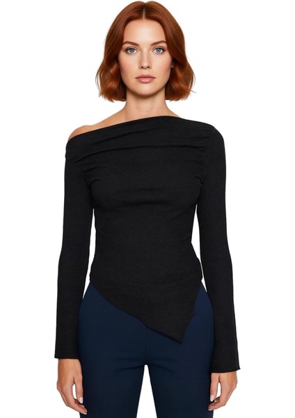 Kadın Moda Şık Üst Giyim Uzun Kayık Yaka Slim Kalıp Örme Drapeli Asimetrik Esnek Bluz fiyatları