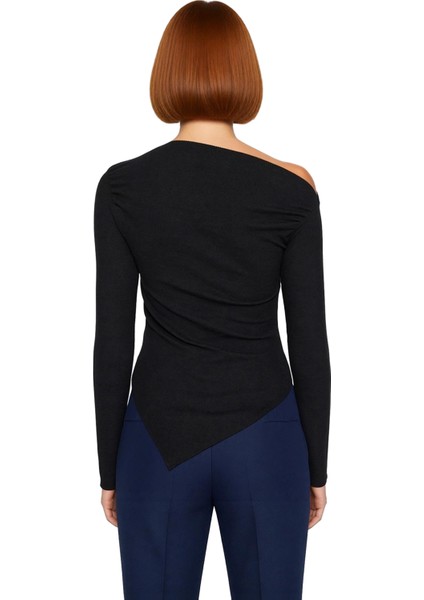 Kadın Moda Şık Üst Giyim Uzun Kayık Yaka Slim Kalıp Örme Drapeli Asimetrik Esnek Bluz modelleri