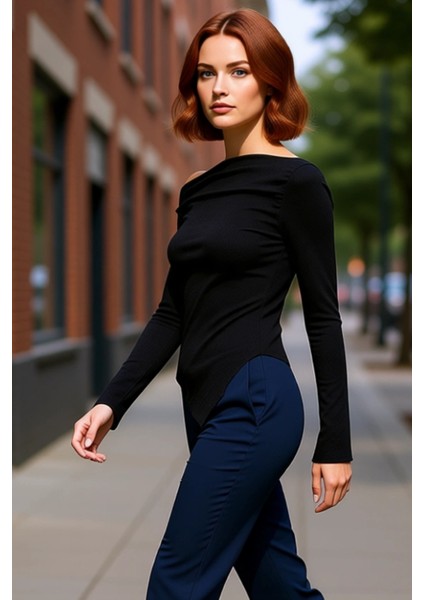 Kadın Moda Şık Üst Giyim Uzun Kayık Yaka Slim Kalıp Örme Drapeli Asimetrik Esnek Bluz fırsatları