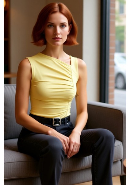 Kadın Asimetrik Yaka Büzgülü Örme Üst Günlük Şıklık Kaliteli Şık Rahat Modern Zarif Günlük