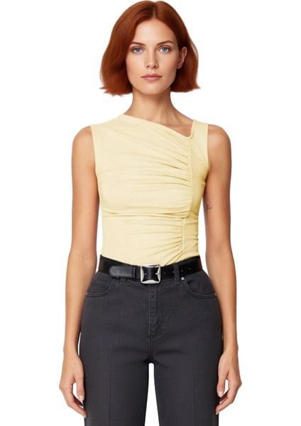 Kadın Asimetrik Yaka Büzgülü Örme Üst Günlük Şıklık Kaliteli Şık Rahat Modern Zarif Günlük fiyatları