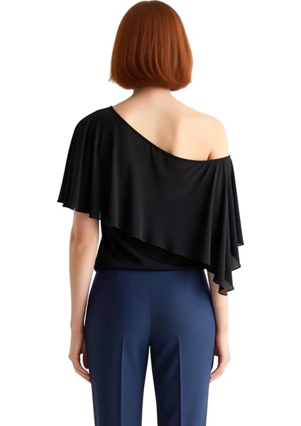 Kadın Tek Omuz Pelerin Detaylı Esnek Kumaş Bluz Kaliteli Şık Rahat Modern Zarif Günlük fiyatları