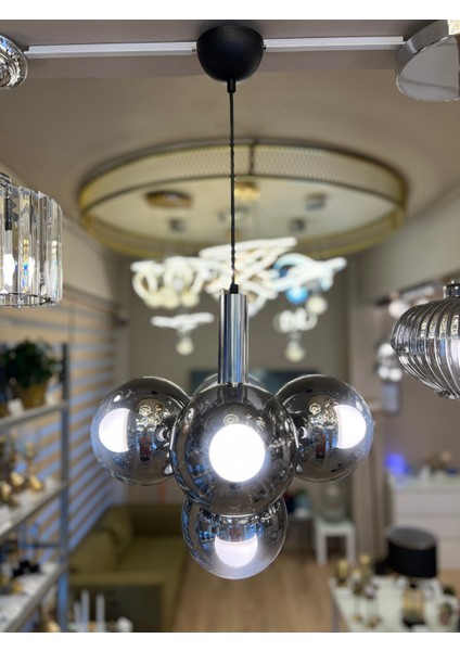 Globe Black & Silver 4+1 Sarkıt Cam Avize