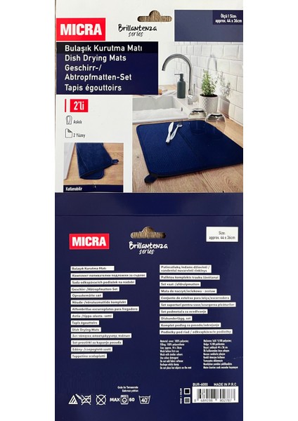 Bulaşık Matı Süper Emici Bulaşık Kurutma Matı 44X36CM Tezgah Üstü Bulaşık Matı, 2'li Set, Lacivert