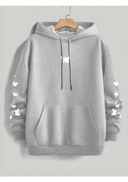 Punıx Büyük Beden Özel Tasarım Kapüşonlu Minimal Kelebekler Baskılı %100 Pamuk Oversize Kadın Sweatshırt