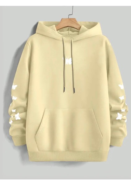 Punıx Büyük Beden Özel Tasarım Kapüşonlu Minimal Kelebekler Baskılı %100 Pamuk Oversize Kadın Sweatshırt