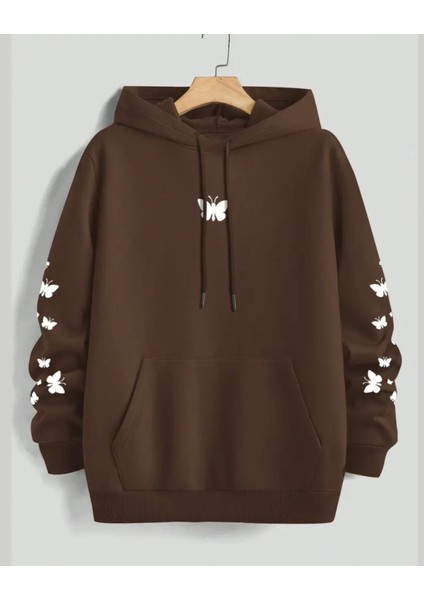 Punıx Büyük Beden Özel Tasarım Kapüşonlu Minimal Kelebekler Baskılı %100 Pamuk Oversize Kadın Sweatshırt