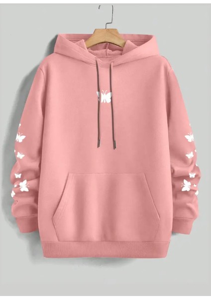 Punıx Büyük Beden Özel Tasarım Kapüşonlu Minimal Kelebekler Baskılı %100 Pamuk Oversize Kadın Sweatshırt