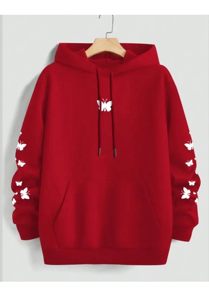 Punıx Büyük Beden Özel Tasarım Kapüşonlu Minimal Kelebekler Baskılı %100 Pamuk Oversize Kadın Sweatshırt