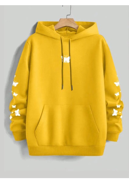 Punıx Büyük Beden Özel Tasarım Kapüşonlu Minimal Kelebekler Baskılı %100 Pamuk Oversize Kadın Sweatshırt