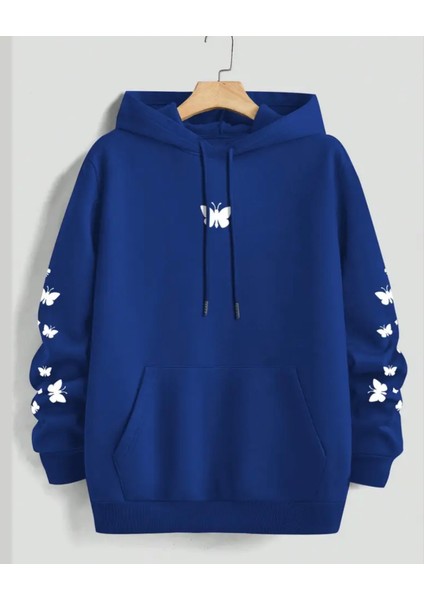 Punıx Büyük Beden Özel Tasarım Kapüşonlu Minimal Kelebekler Baskılı %100 Pamuk Oversize Kadın Sweatshırt