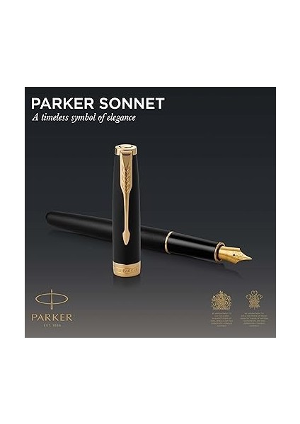 Sonnet Mat Siyah Altın Tasarımlı Dolma Kalem, Orta Kalınlıkta Uç, Mavi Mürekkep fiyatları