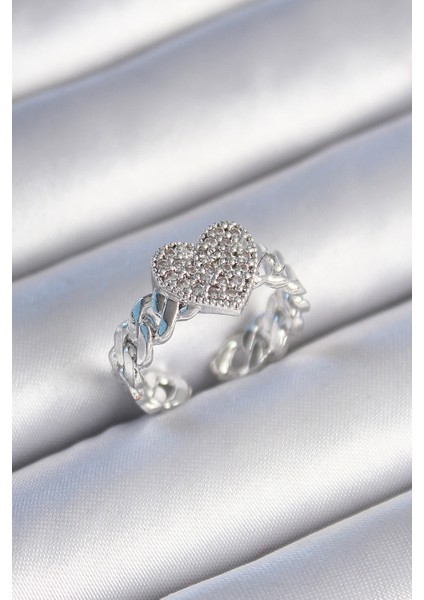 Pirinç Gümüş Renk Zincir Kordon Zirkon Taşlı Kalp Model Kadın Yüzük - Lisinya