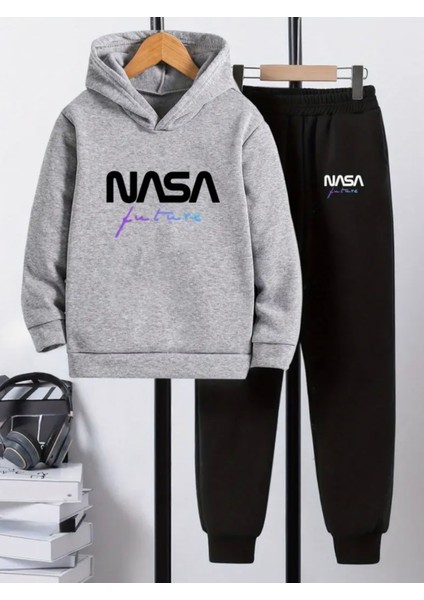 Punıx Kıds Özel Üretim Kapüşonlu Nasa Future Baskılı %100 Pamuk 3 Iplik Kışlık Erkek Çocuk Eşofman Takımı