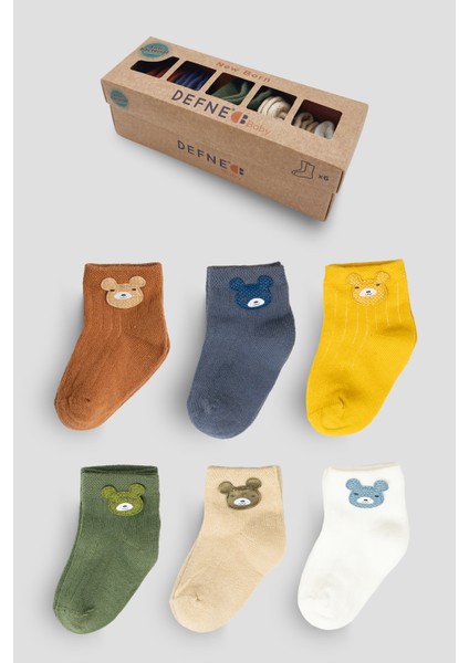 6 Çift Kutulu Hayvan Aksesuarlı Pamuklu Erkek Newborn Yeni Doğan ve Bebek Çorabı 0-6 Ay