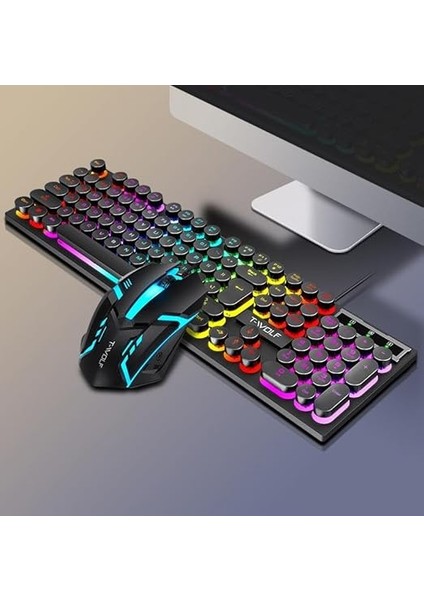 T-Wolf TF270 Rainbow Rgb Mekanik Hisli Gaming Klavye Mouse Seti Punk Keycap Ingilizce fırsatları