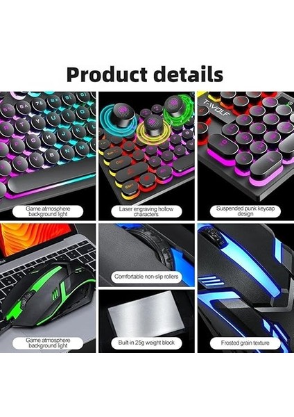 T-Wolf TF270 Rainbow Rgb Mekanik Hisli Gaming Klavye Mouse Seti Punk Keycap Ingilizce indirimleri
