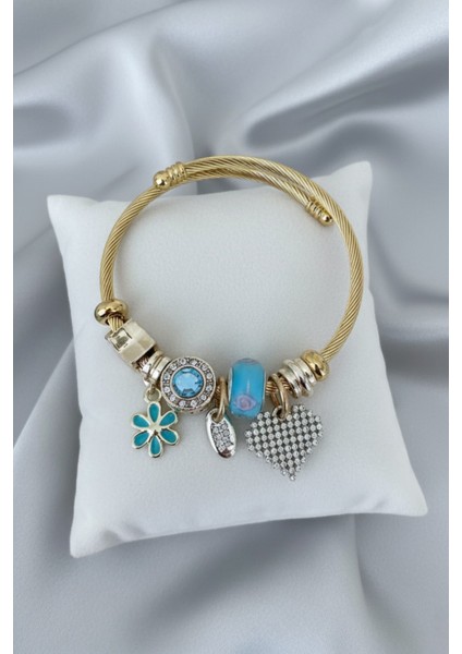 Çelik Kalp Zirkon Taşlı Mavi Charmlı Bileklik Pndr-Blk-Klp-M