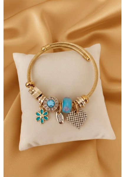 Çelik Kalp Zirkon Taşlı Mavi Charmlı Bileklik Pndr-Blk-Klp-M modelleri