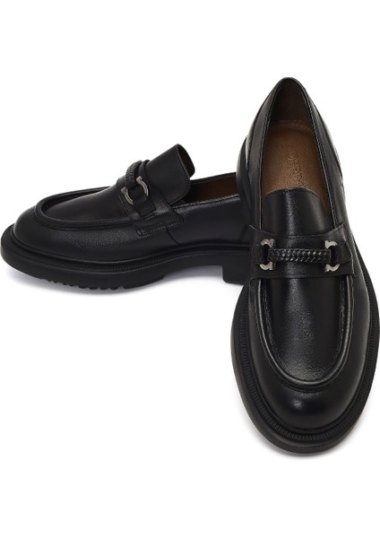 Erkek Siyah Tokalı Kalın Tabanlı Deri Loafer 25WFD605518
