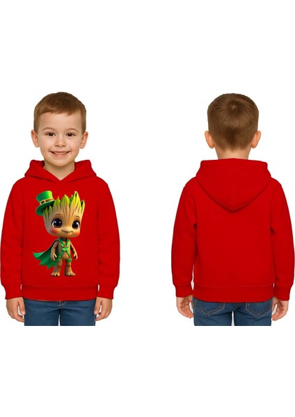 Unisex Groot Baskılı Çocuk Swaetshirt Kapüşonlu 3 Iplik Şardonlu