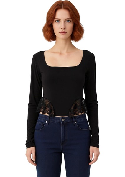 Kadın Fitted Uzun Kollu Örme Bluz Kare Yaka ve Dantel Detaylı Kaliteli Şık Rahat Modern Zarif