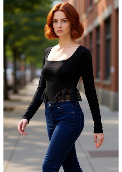 Kadın Fitted Uzun Kollu Örme Bluz Kare Yaka ve Dantel Detaylı Kaliteli Şık Rahat Modern Zarif modelleri