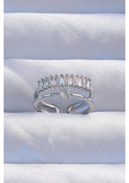 Pirinç Gümüş Renk Sedefli Zirkon Taşlı Su Yolu Model 2li Görünüm Ayarlanabilir Yüzük