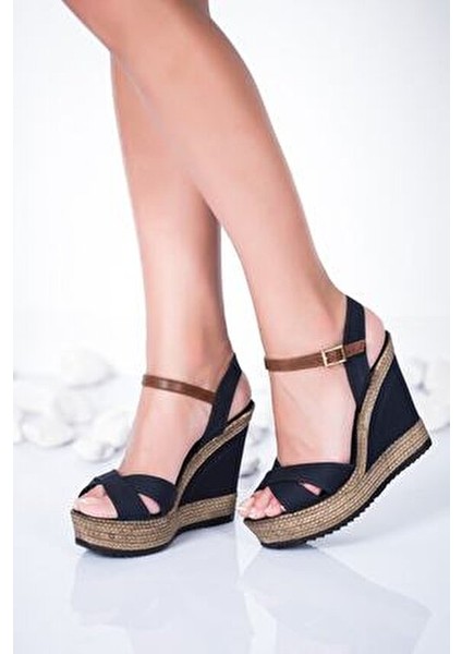 Lacivert Kadın Dolgu Topuklu Ayakkabı Keten Malzeme ile 10 cm Topuk Yüksekliği fırsatları
