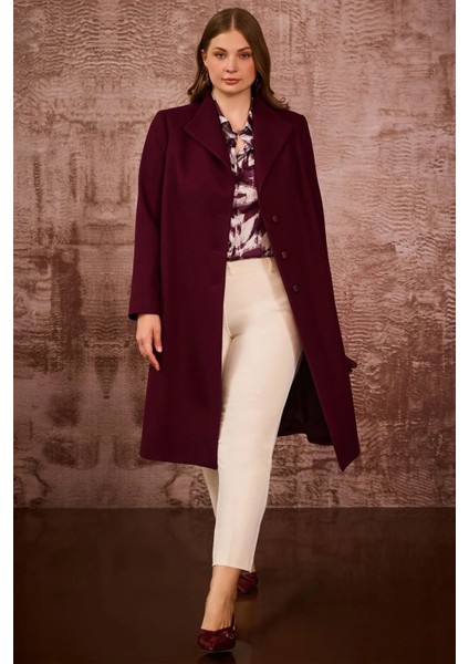 Kadın Büyük Beden Düğmeli Kaşe Kaban 4001 Bordo