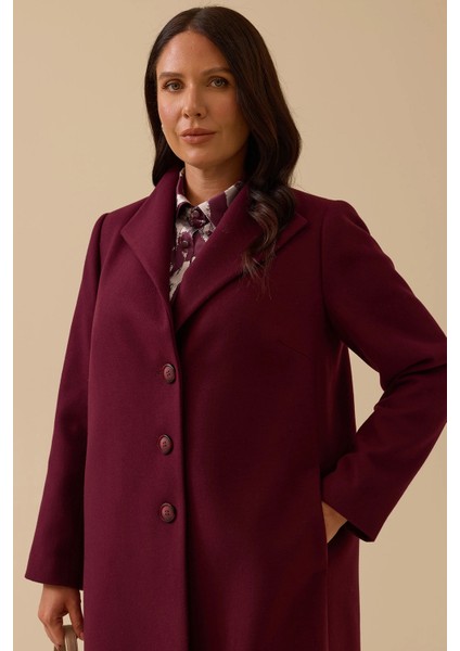 Kadın Büyük Beden Düğmeli Kaşe Kaban 4001 Bordo fırsatları
