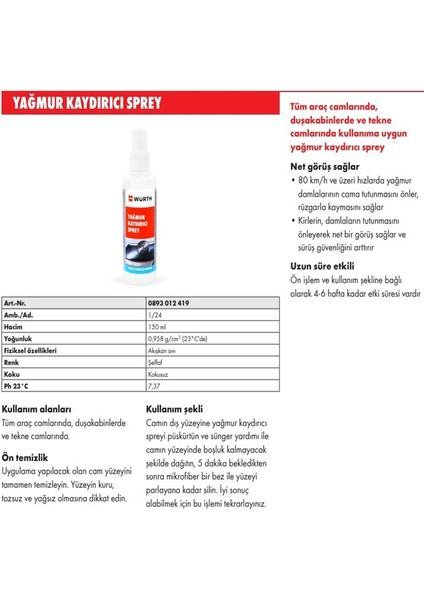 Würth Yağmur Kaydırıcı Sprey 150ML Cam Su Itici Şeffaf Sprey fiyatları