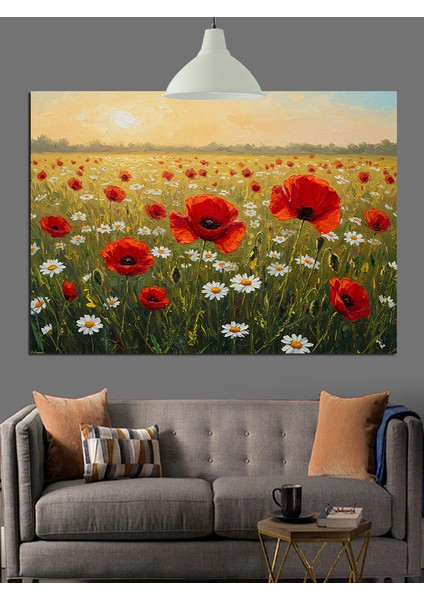 Kırmızı Gelincik Tarlası Manzara Dekoratif Kanvas - Mdf Ahşap Tablo fiyatları