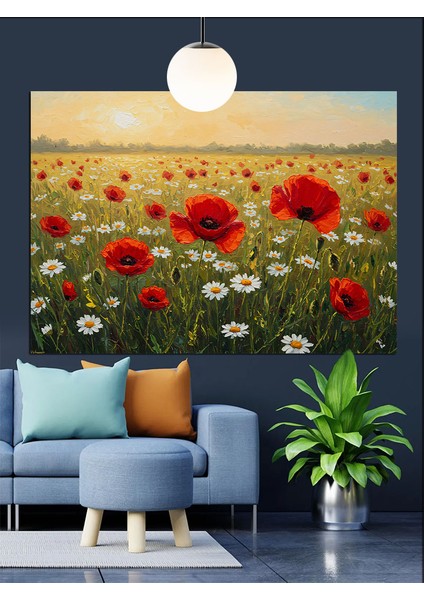 Kırmızı Gelincik Tarlası Manzara Dekoratif Kanvas - Mdf Ahşap Tablo fırsatları