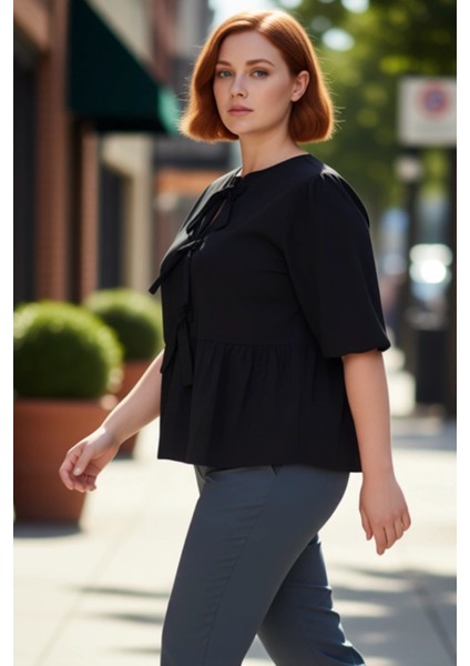 Kadın Kahverengi Düz Desenli Dokuma Bluz Uzun Boy A Line Siluet Cool & Comfort Persona Truvakar Kol