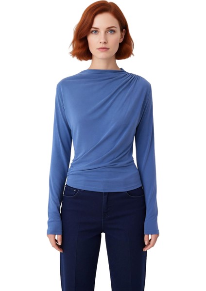 Kadınlar Için Sürdürülebilir Modal Kumaş Kayık Yaka Drape Detaylı Bluz Kaliteli Şık Rahat Modern
