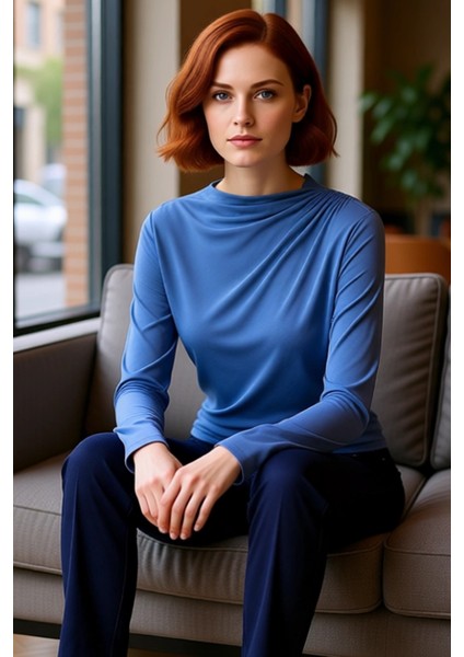 Kadınlar Için Sürdürülebilir Modal Kumaş Kayık Yaka Drape Detaylı Bluz Kaliteli Şık Rahat Modern fırsatları