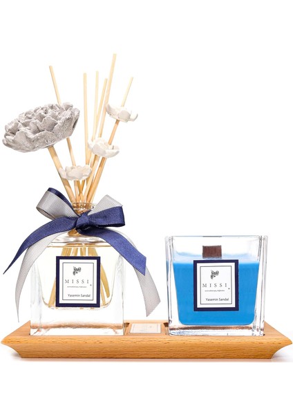 Masif Ahşap Tepsili Vıp Yasemin Sandal Oda Kokusu ve Mum Seti fiyatları