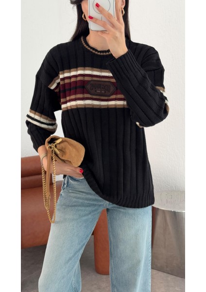 Bordo Çizgili Siyah Kazak fırsatları