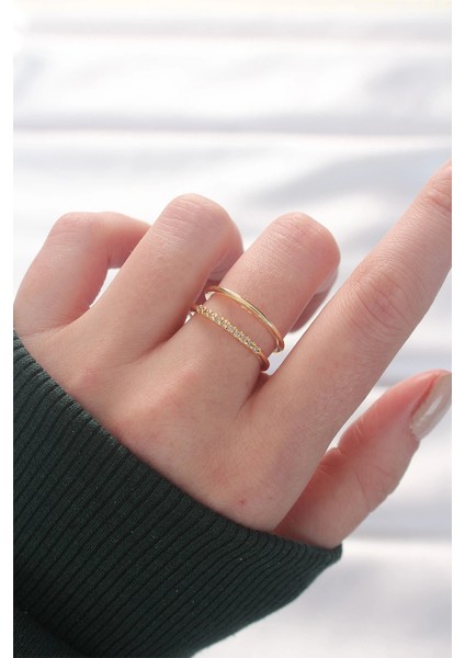 Bfs 2li Görünümlü Su Yolu Tasarımlı Gold Renk Ayarlanabilir Yüzük