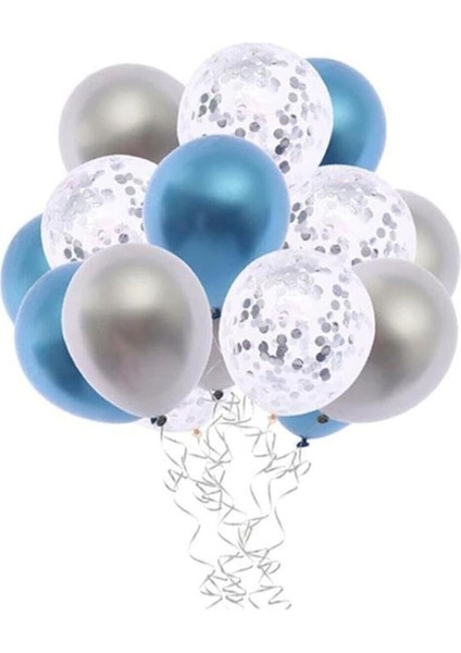 Party Store Gümüş Konfetili Şeffaf Balon Metalik Mavi Metalik Gri Balon Seti 15 Adet