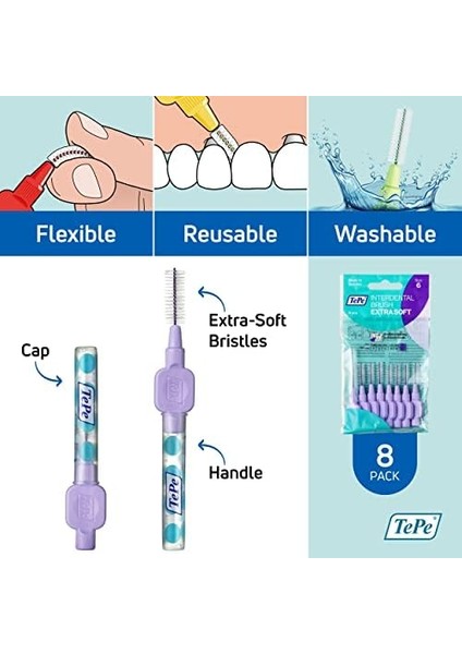 Tepe x Soft Ekstra Yumuıak Arayüz Fırçası, (8&apos;li, Mor, 1.1mm)