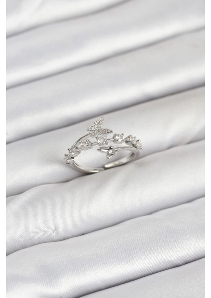 Bfs Pirinç Gümüş Renk Zirkon Taşlı Kelebek Model Kadın Yüzük