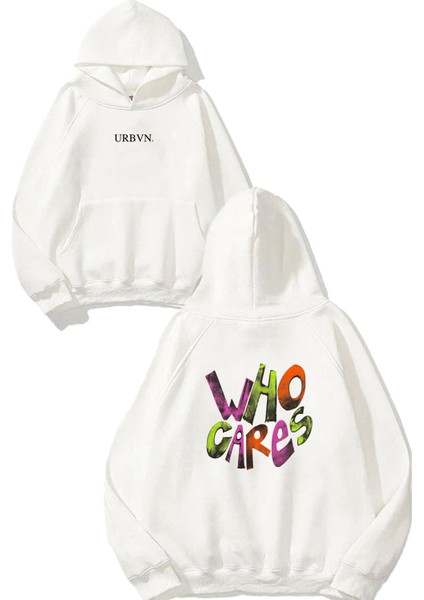 Who Cares Tasarım Baskılı Oversize Beyaz Kapüşonlu Sweatshirt