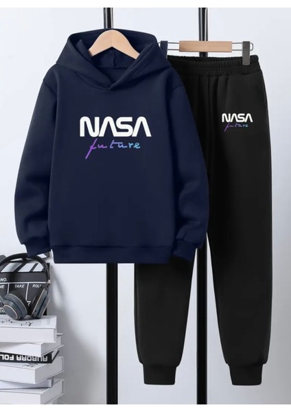 Punıx Kıds Özel Üretim Kapüşonlu Nasa Future Baskılı %100 Pamuk 3 Iplik Kışlık Erkek Çocuk Eşofman Takımı