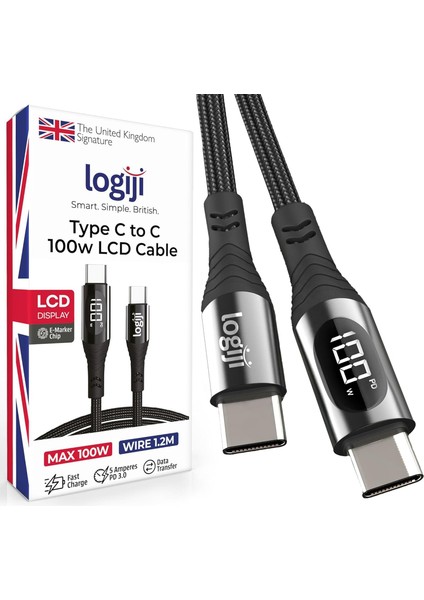 100W Type-C To Type-C LED Ekranlı Göstergeli Hızlı Şarj Kablosu | E-Mark Çipli, Dayanıklı Örgülü, 1.2m, Usb-C Pd 3.0, 15 16, Telefon, Laptop Tablet Uyumlu