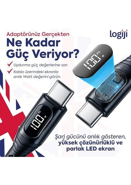 100W Type-C To Type-C LED Ekranlı Göstergeli Hızlı Şarj Kablosu | E-Mark Çipli, Dayanıklı Örgülü, 1.2m, Usb-C Pd 3.0, 15 16, Telefon, Laptop Tablet Uyumlu fiyatları