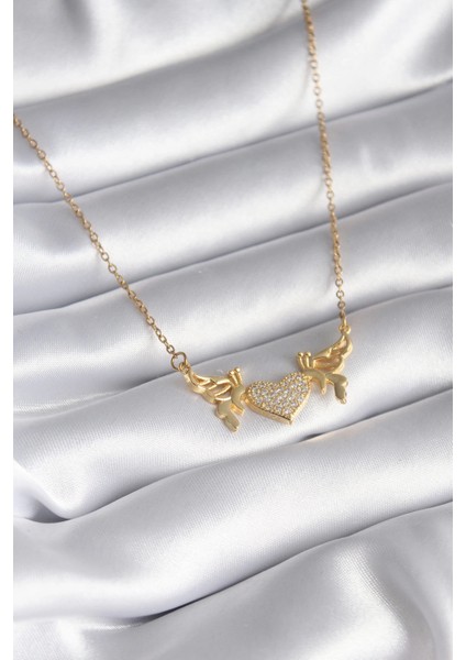 Bfs 316L Çelik Gold Renk Zirkon Taşlı Kanatlı Kalp Model Kadın Kolye