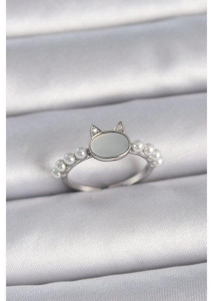 Bfs Pirinç Gümüş Renk Ayarlanabilir Beyaz Mineli Kedi Model Inci Detay Kadın Yüzük